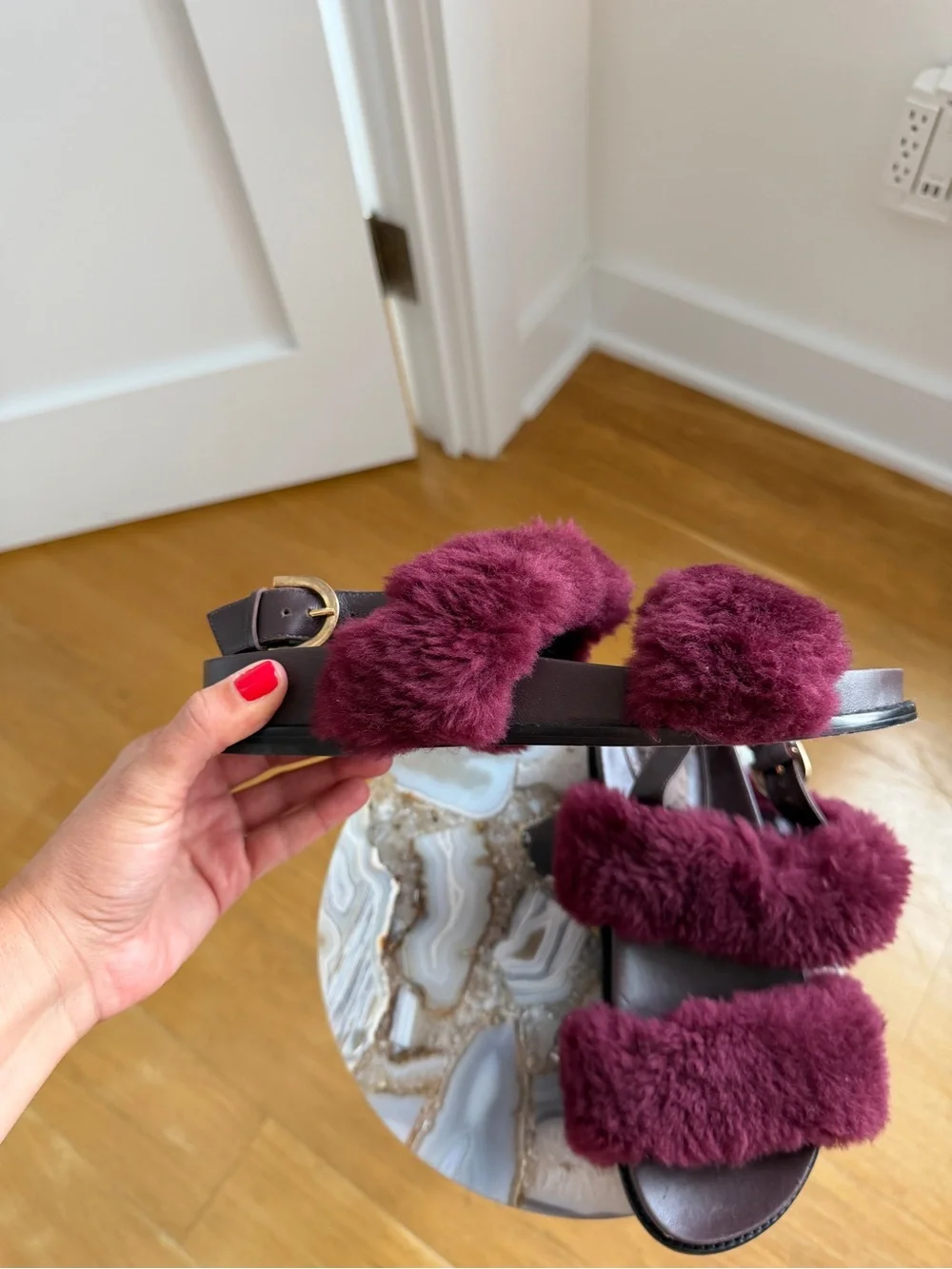 Alexandre Birman Women’s Plush Burgundy Fur Strap Sandals